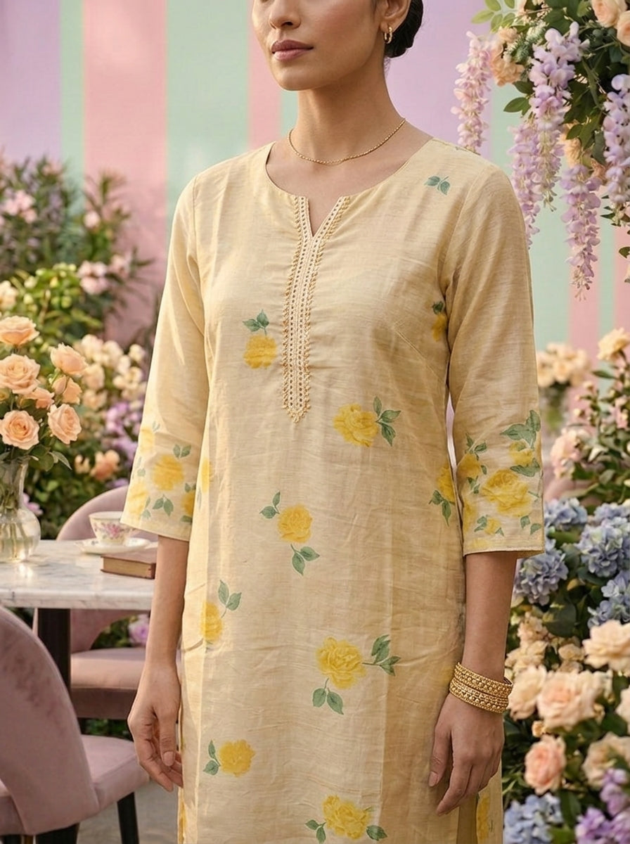 Neerus Yellow tissue digital printed suit set - detail view 2