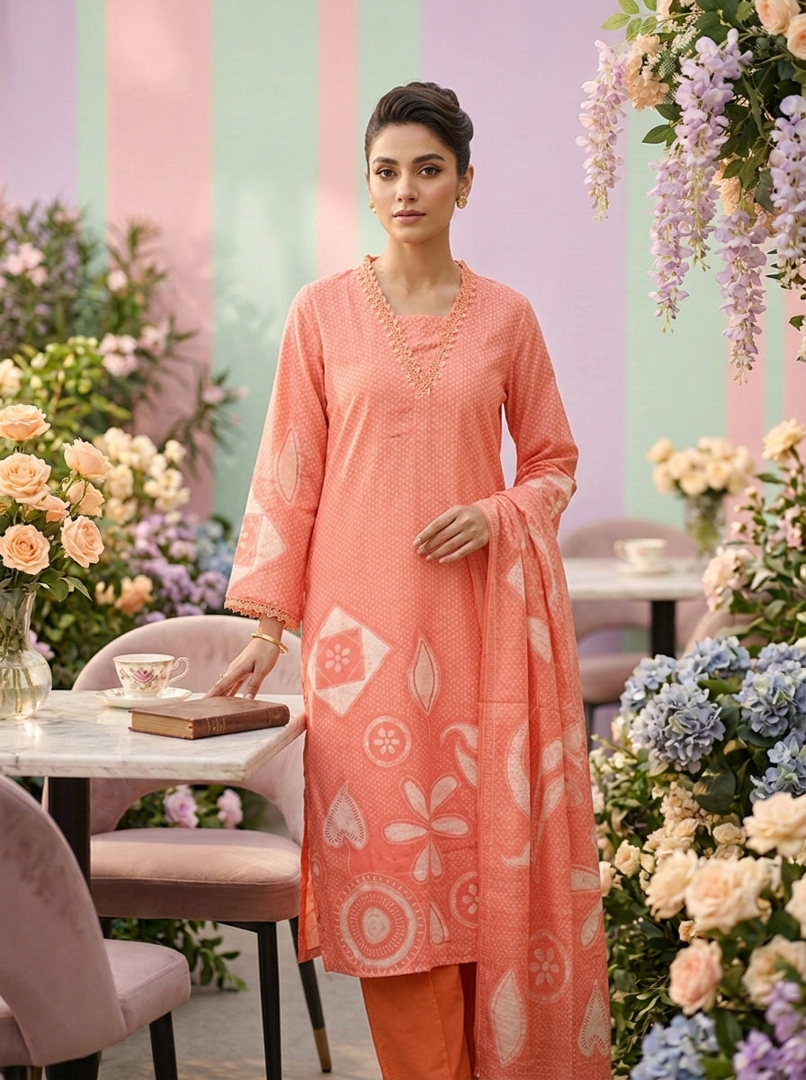 Neerus Pink rayon printed suit set - front view
