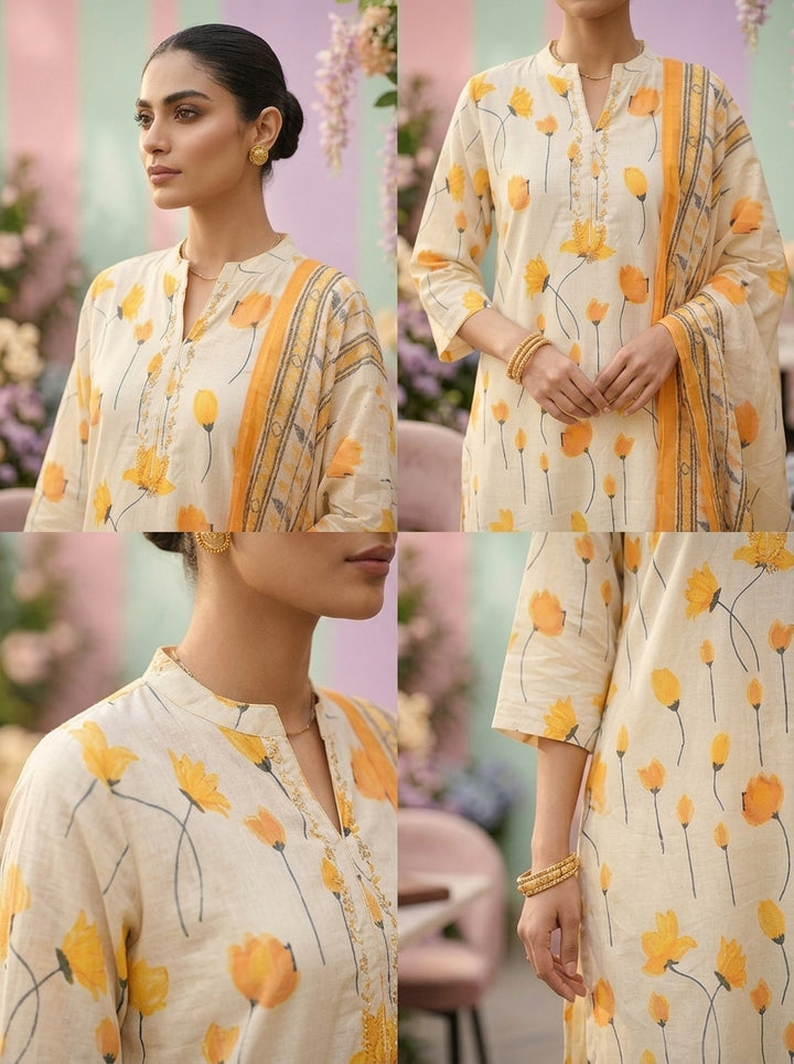 Mustard Cotton Floral Printed Three Piece Set