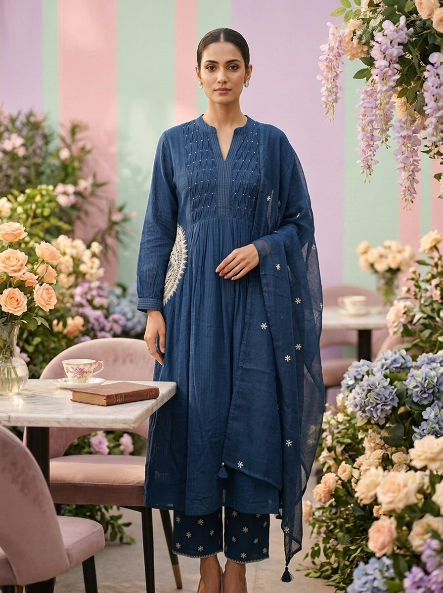 Neerus Blue cotton straight suit set - front view