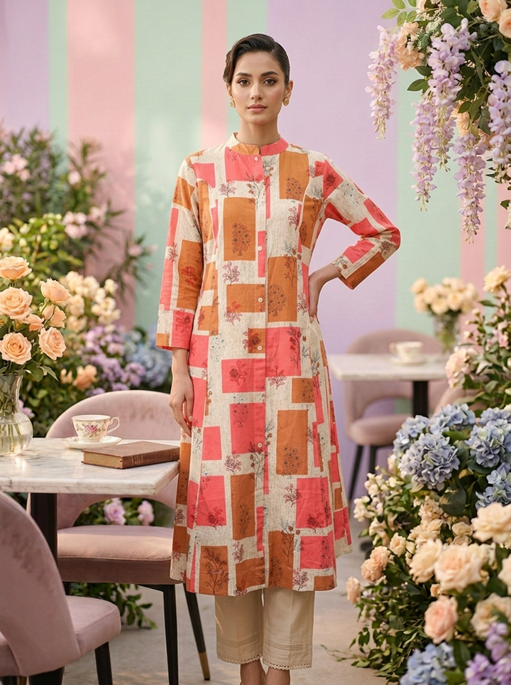 Neerus Orange cotton printed suit set - front view