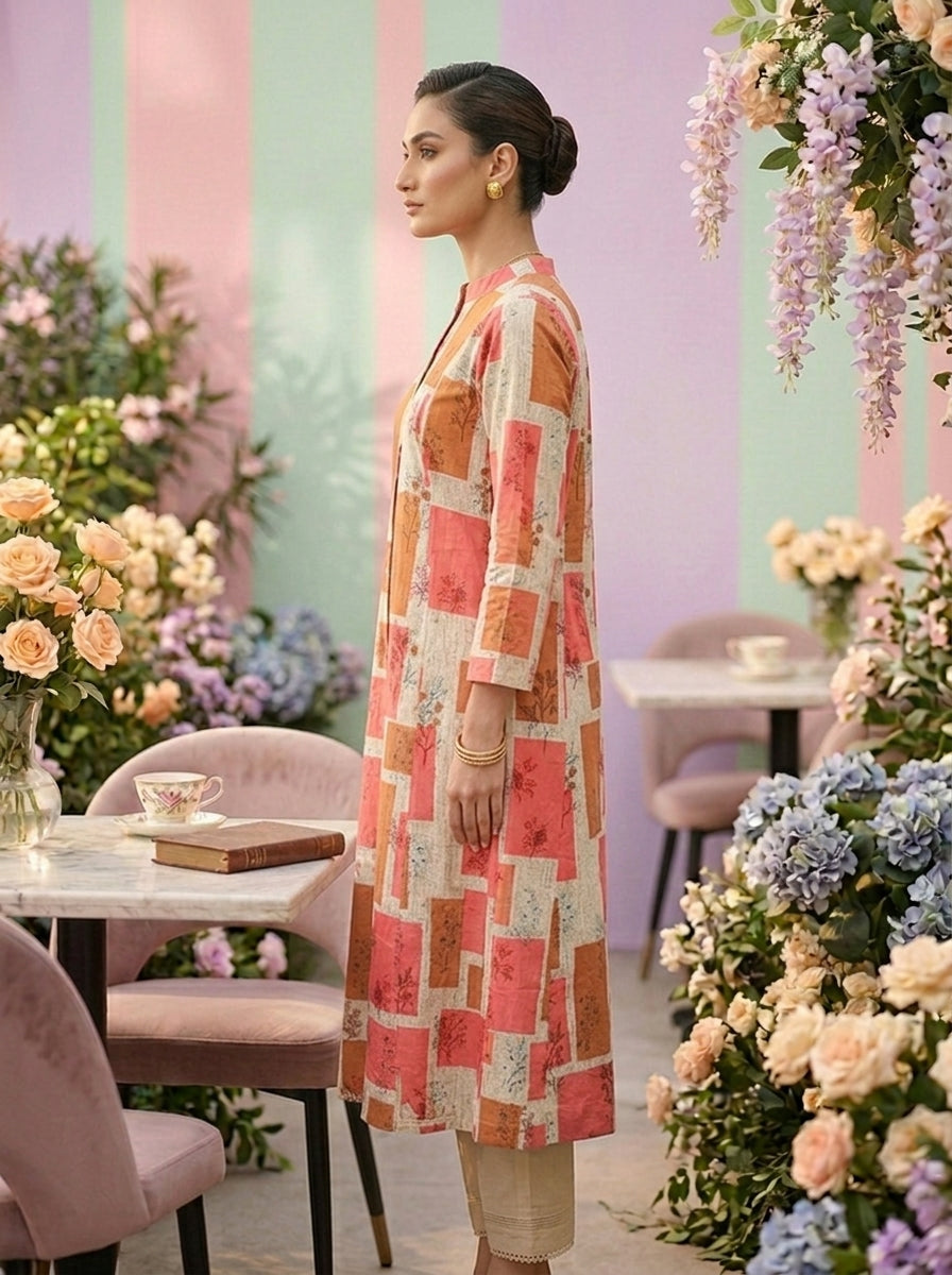 Neerus Orange cotton printed suit set - side view