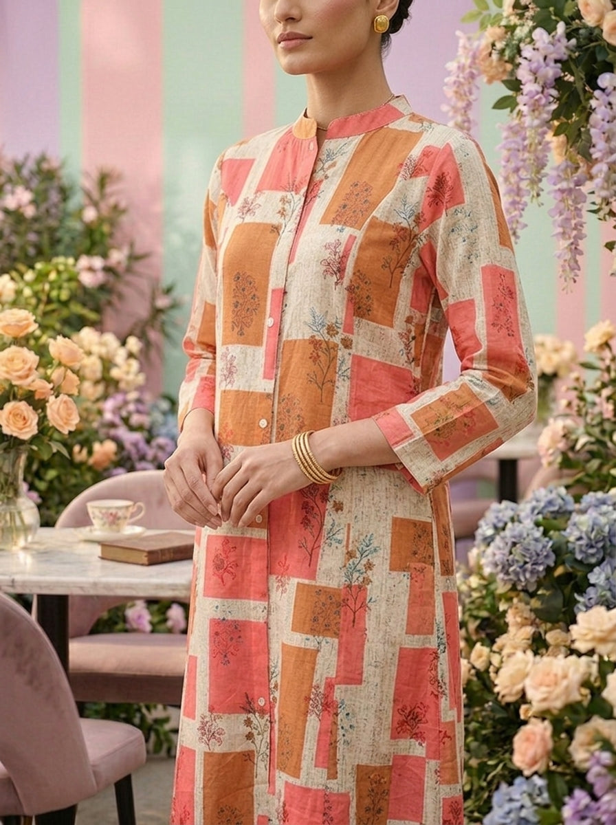 Neerus Orange cotton printed suit set - detail view 1