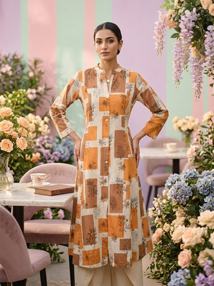 Neerus Yellow cotton printed suit set - front view