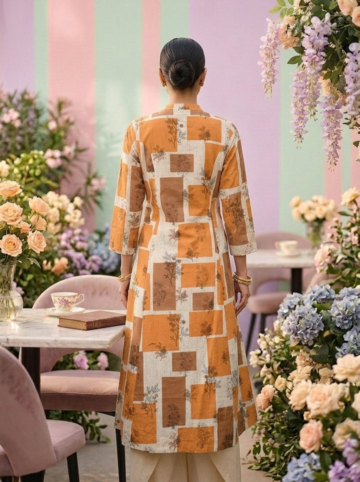 Neerus Yellow cotton printed suit set - back view