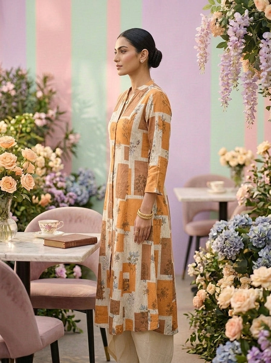 Neerus Yellow cotton printed suit set - side view