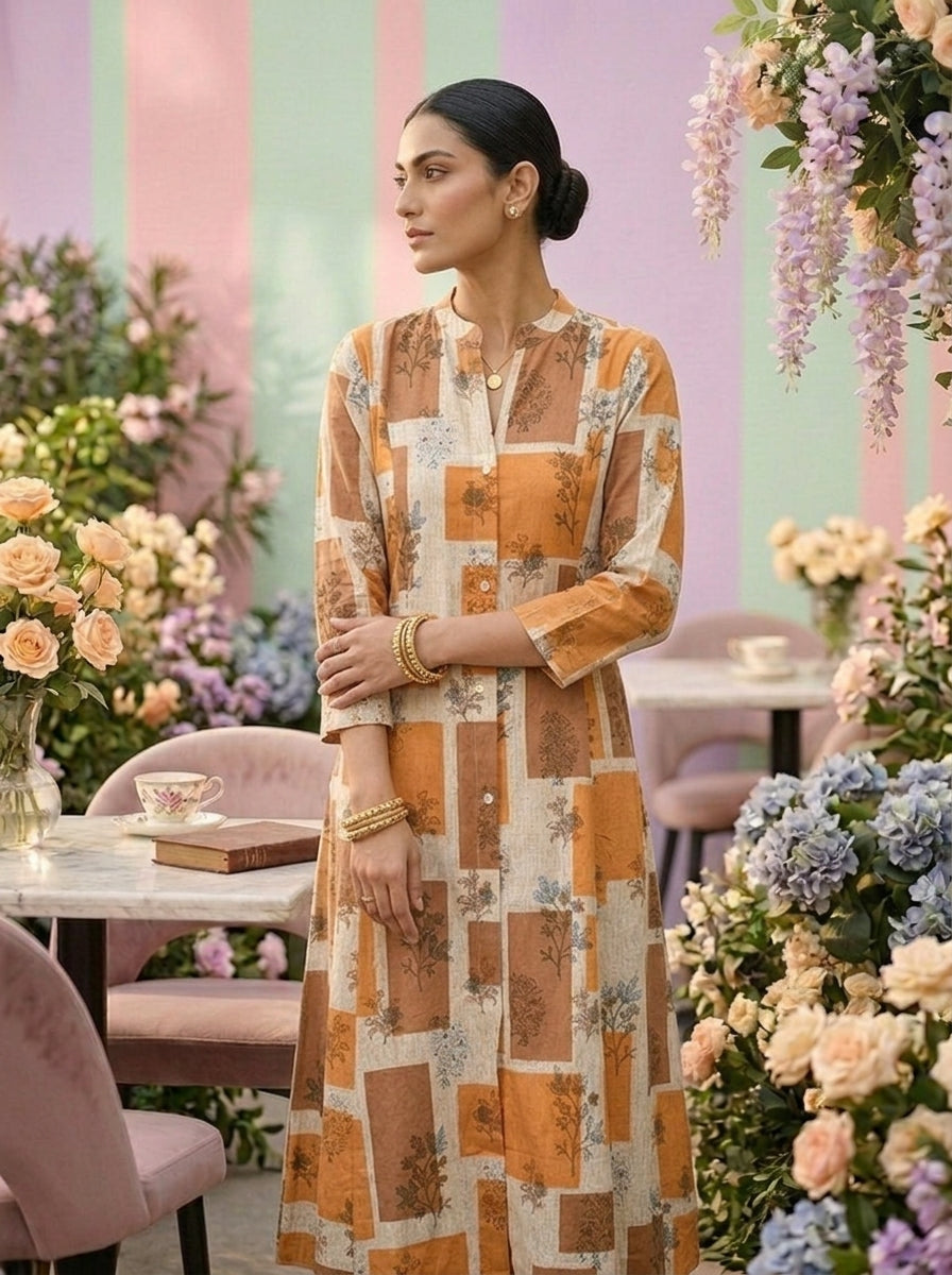 Neerus Yellow cotton printed suit set - detail view 1