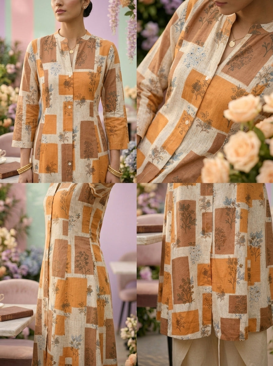 Neerus Yellow cotton printed suit set - detail view 2