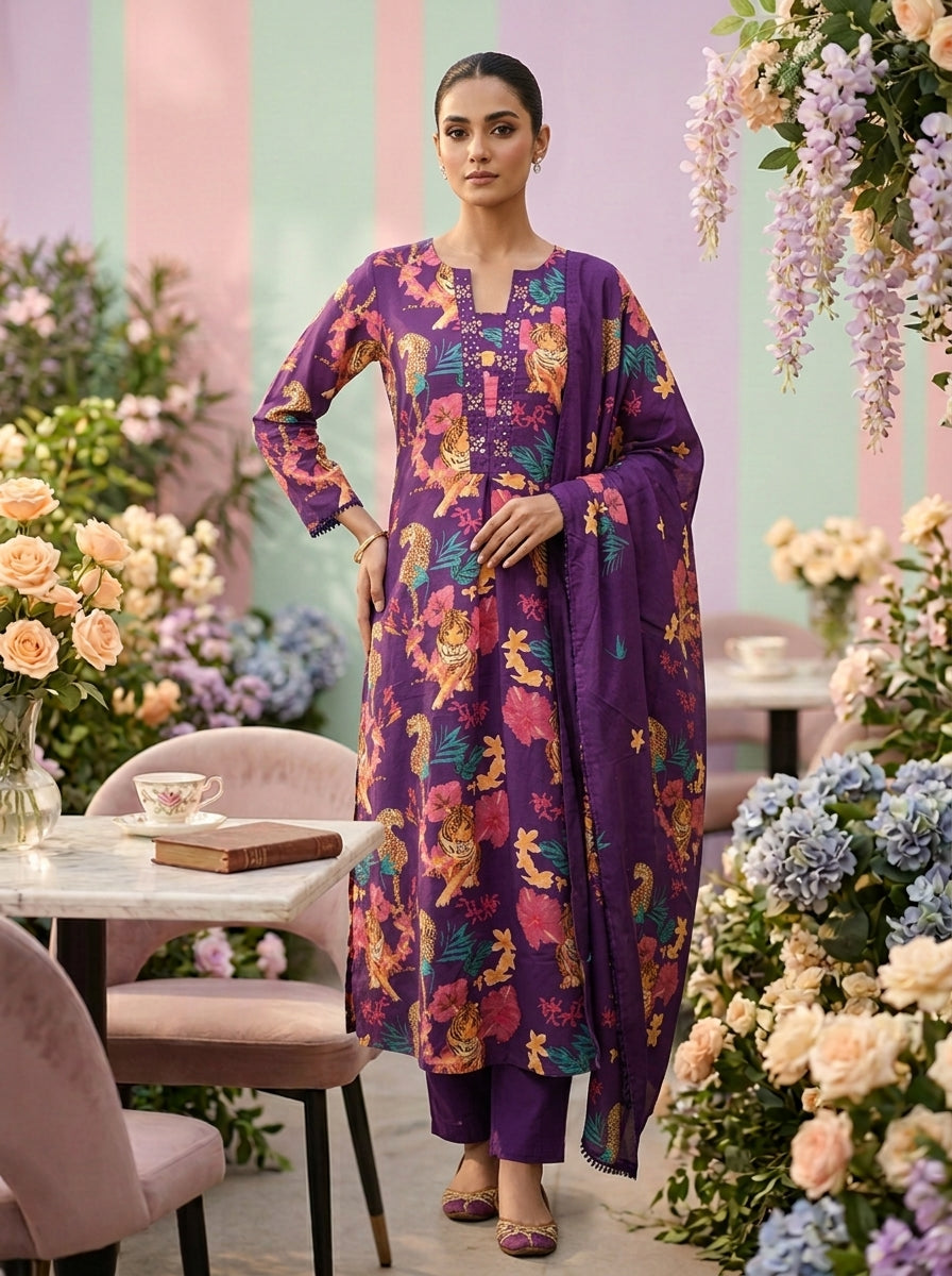 Neerus Purple cotton printed suit set - front view