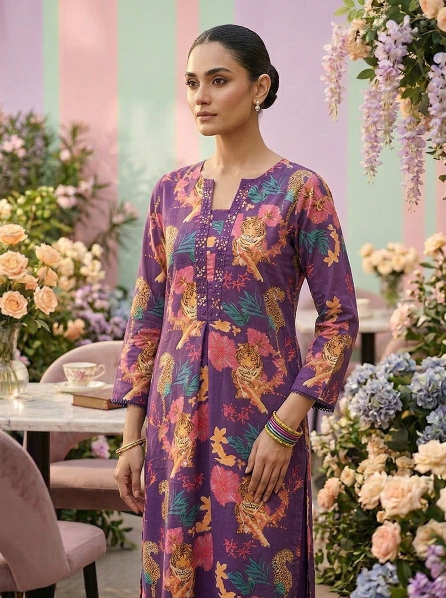 Neerus Purple cotton printed suit set - detail view 1