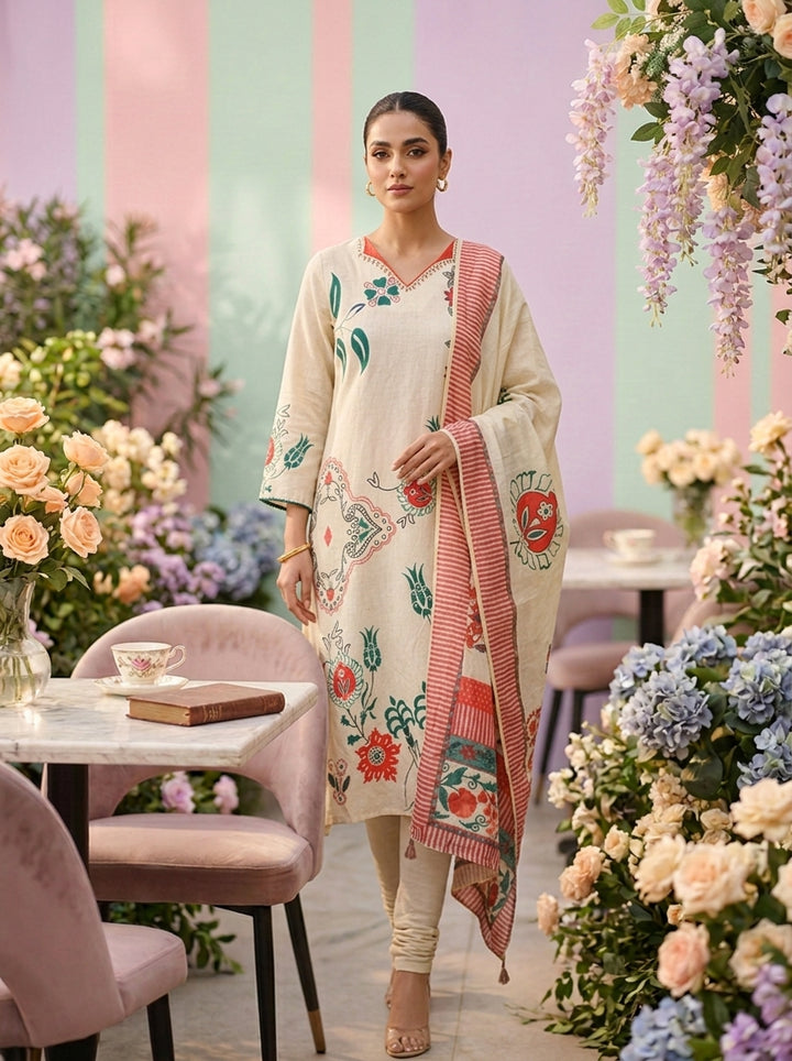Neerus Beige cotton printed suit set - front view