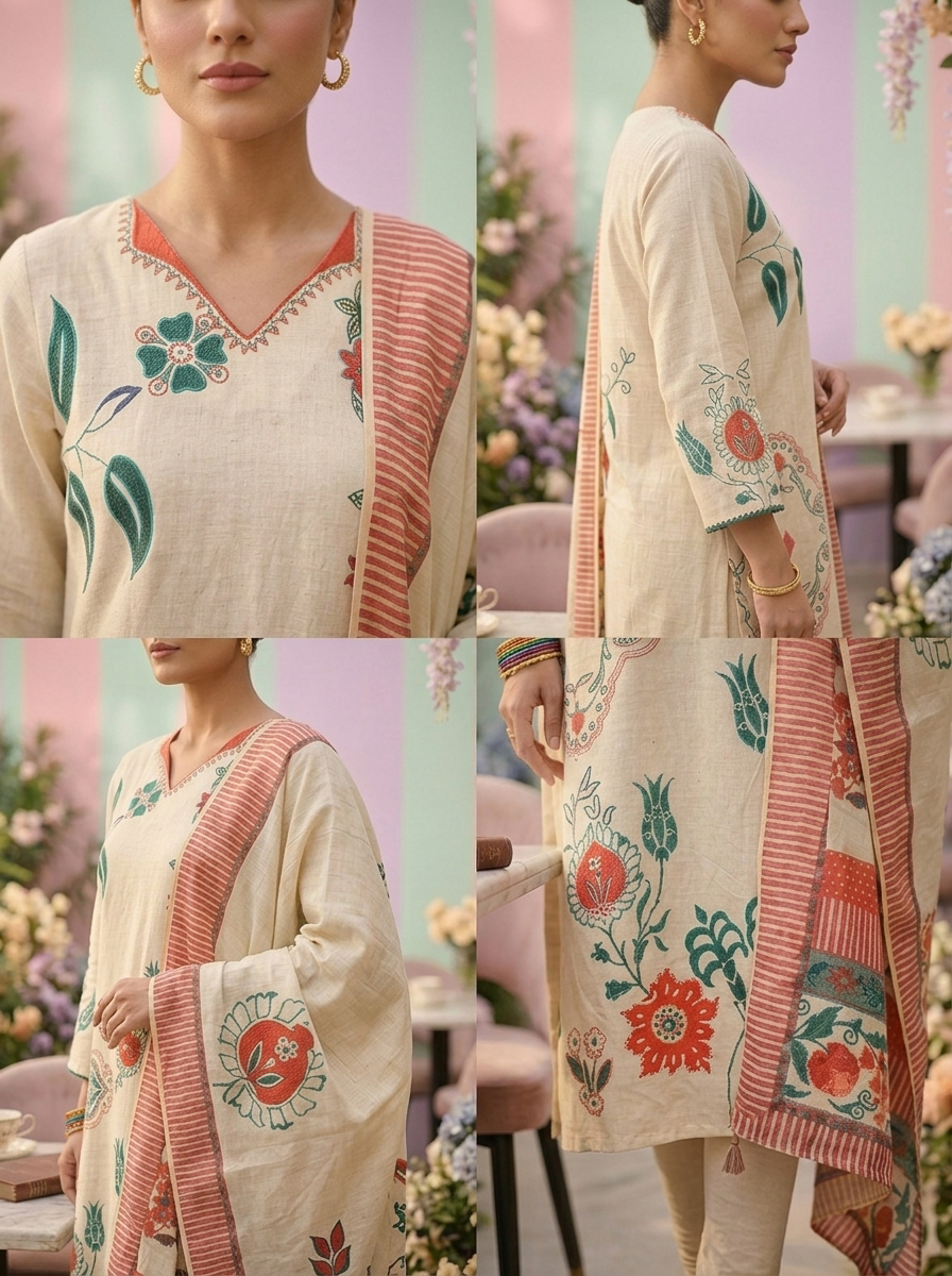 Neerus Beige cotton printed suit set - detail view 2