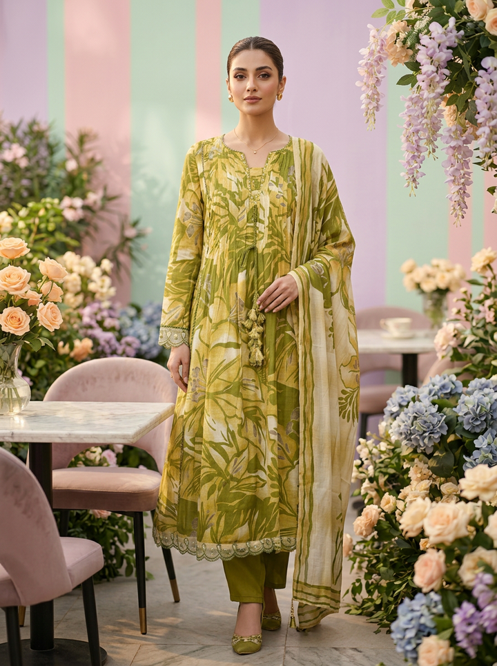 Neerus Green muslin printed suit set - front view