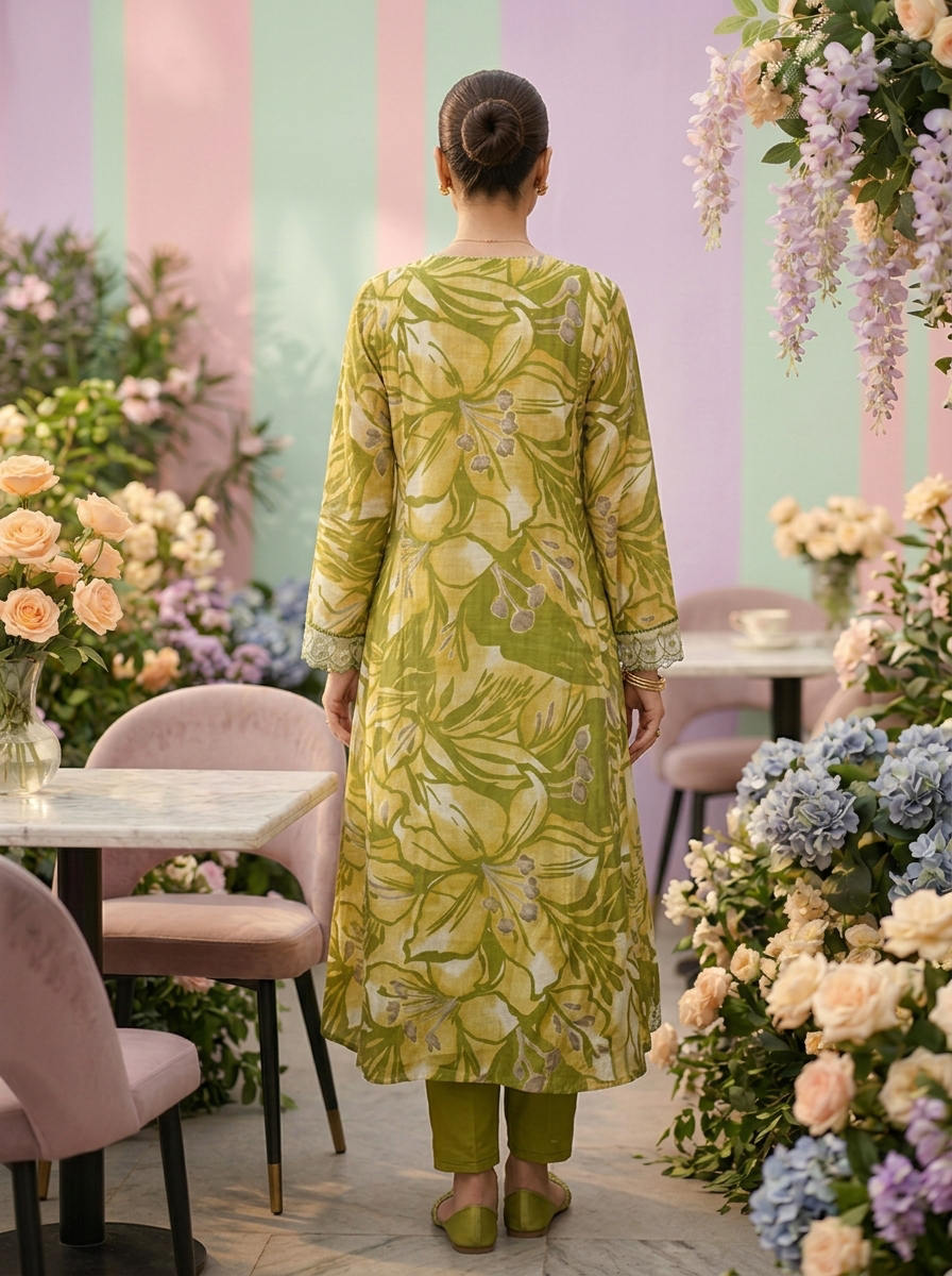 Neerus Green muslin printed suit set - back view