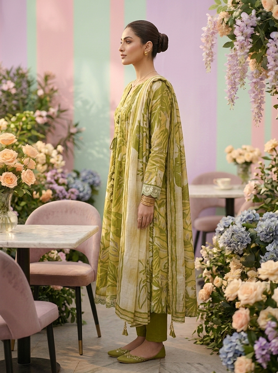 Neerus Green muslin printed suit set - side view