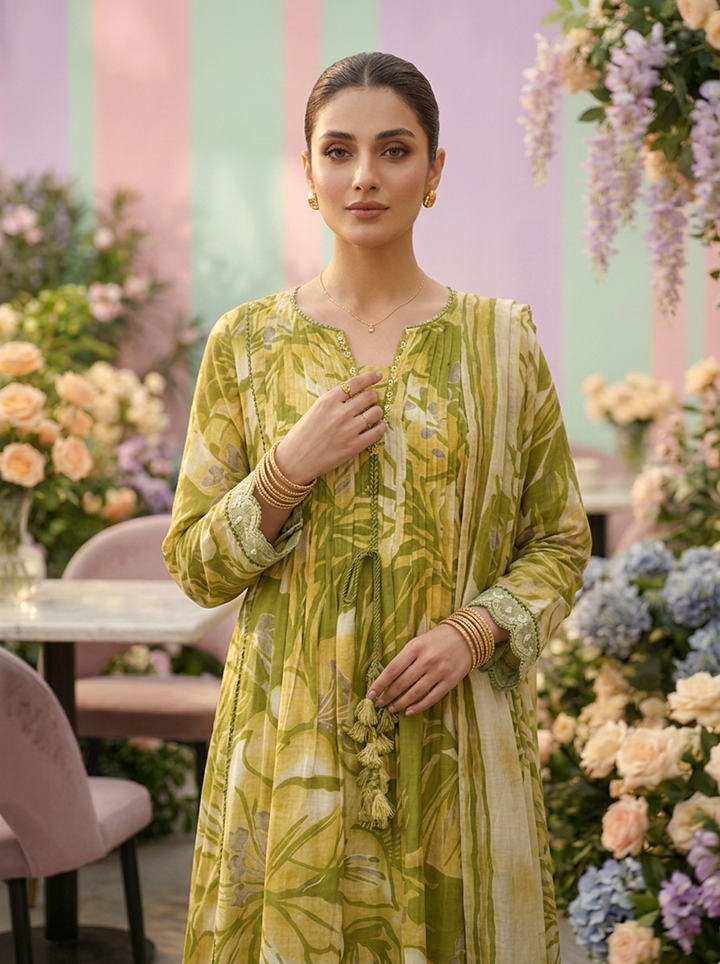 Neerus Green muslin printed suit set - detail view 1