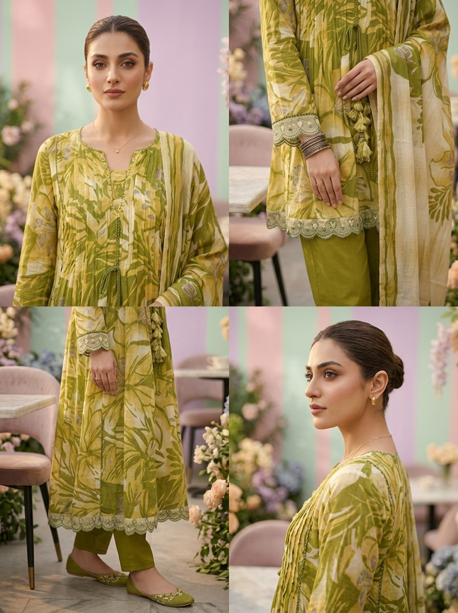 Neerus Green muslin printed suit set - detail view 2
