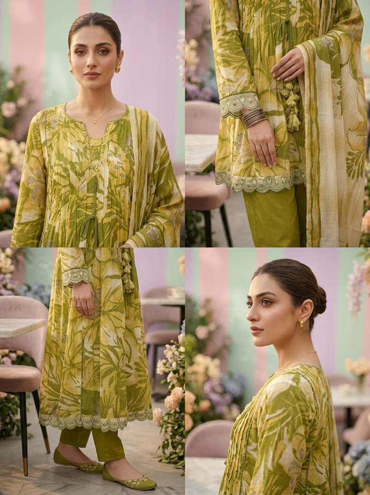 Neerus Green muslin printed suit set - detail view 2
