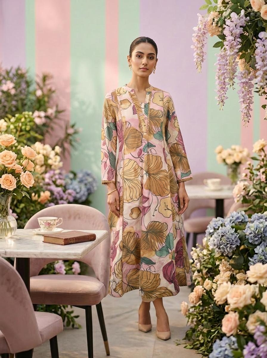 Neerus Pink cotton printed suit set - front view