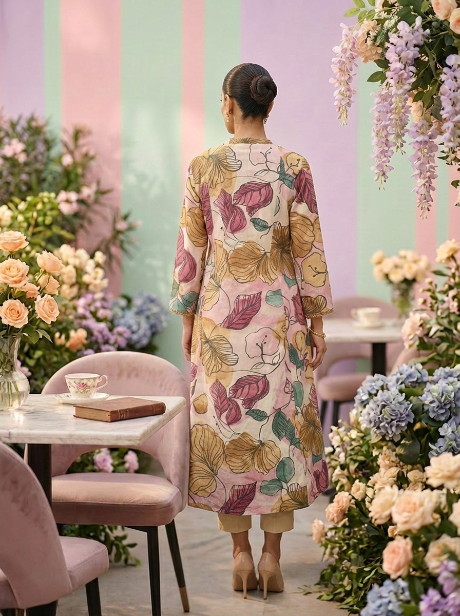 Neerus Pink cotton printed suit set - back view