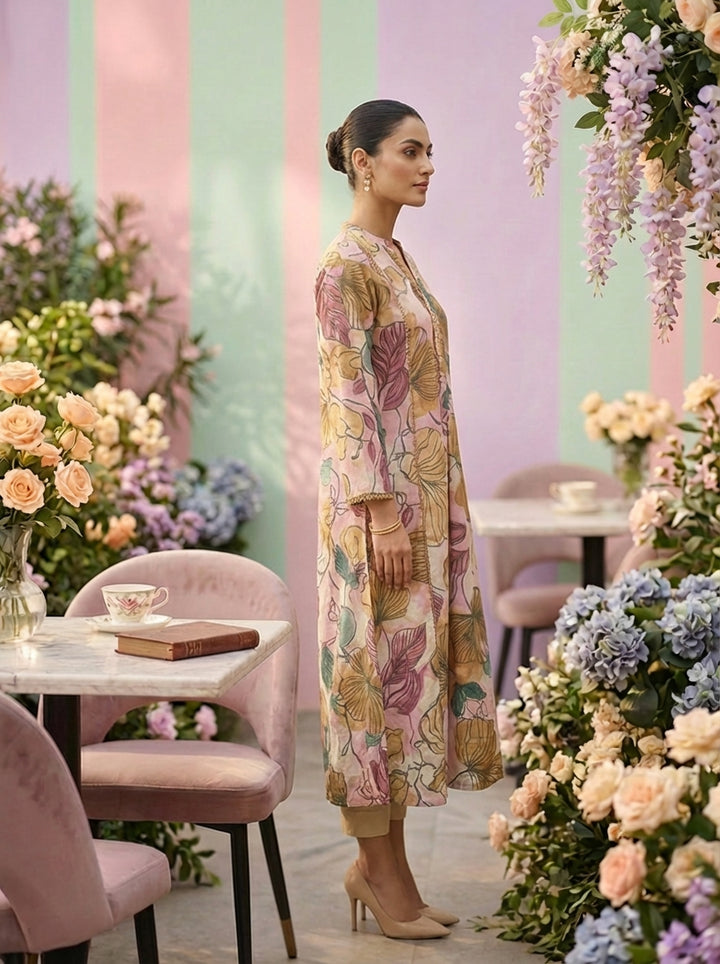 Neerus Pink cotton printed suit set - side view