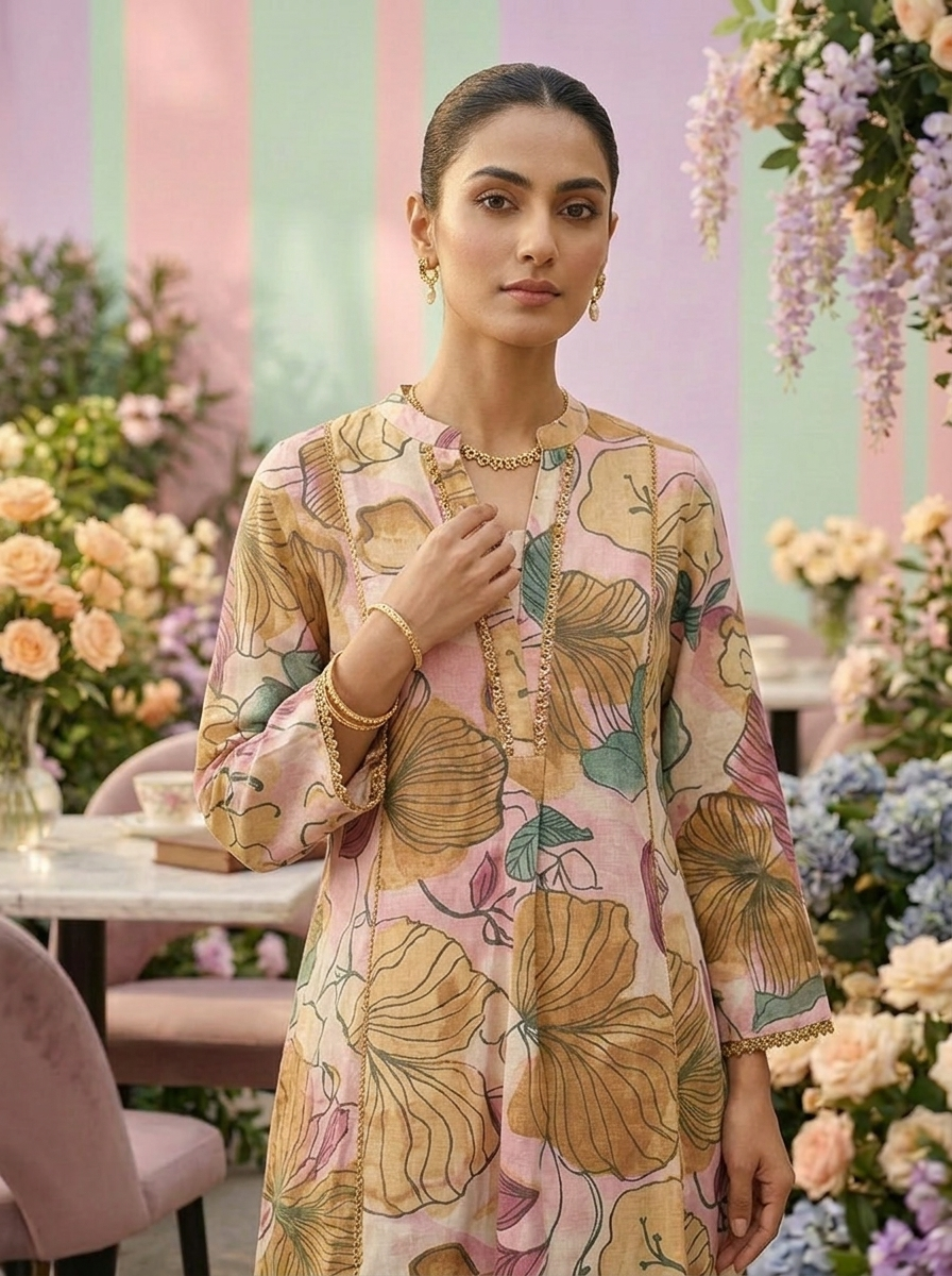 Neerus Pink cotton printed suit set - detail view 1