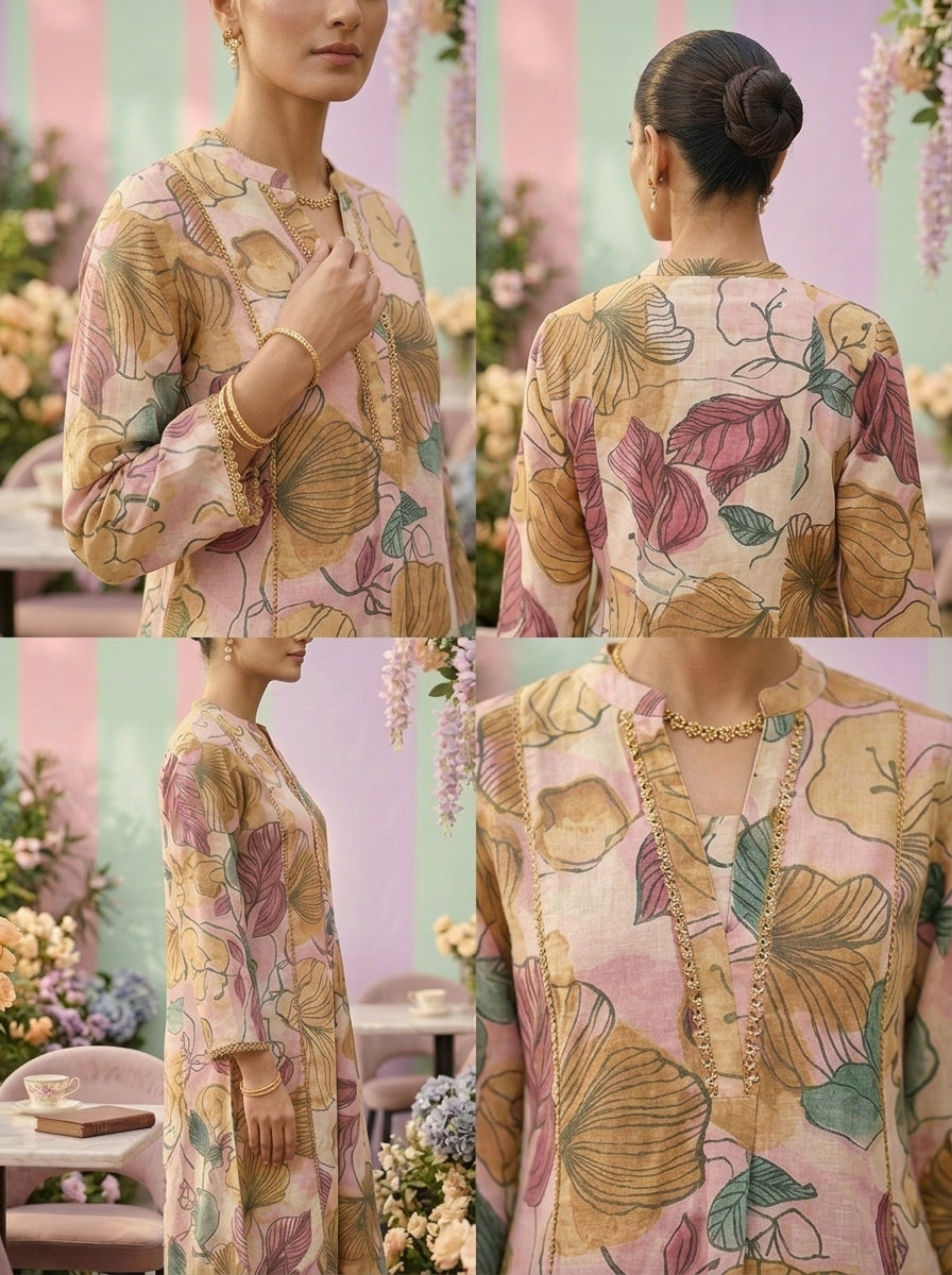 Neerus Pink cotton printed suit set - detail view 2