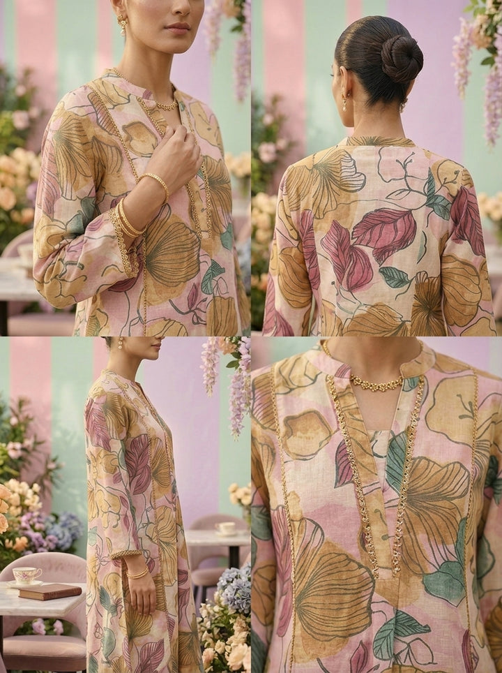 Neerus Pink cotton printed suit set - detail view 2