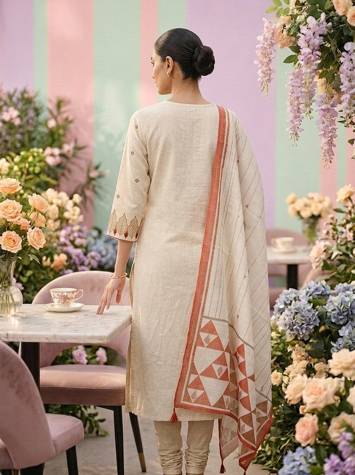 Neerus White cotton embroidered suit set - back view