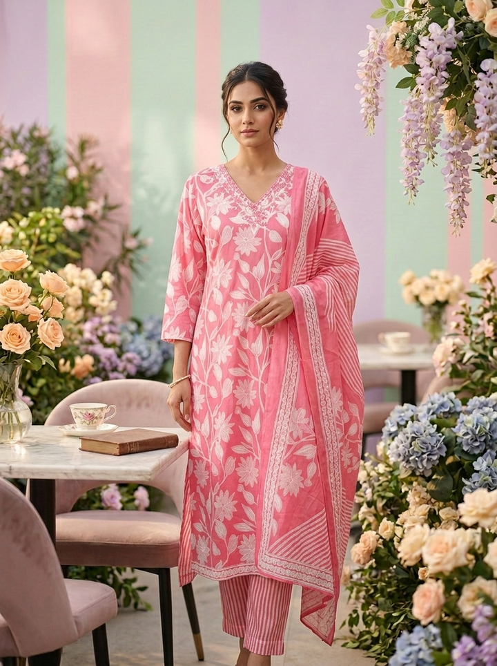 Neerus Pink cotton printed suit set - front view