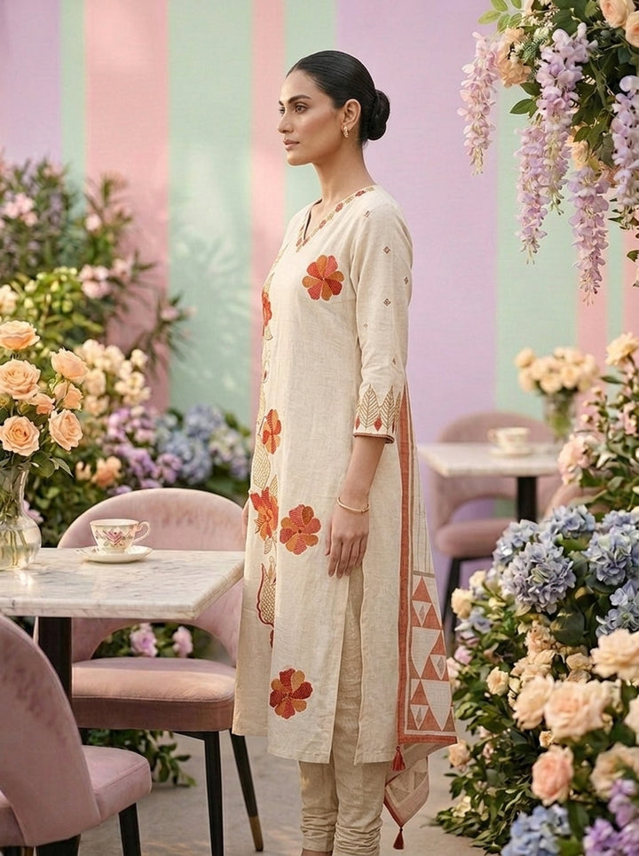 Neerus White cotton embroidered suit set - side view