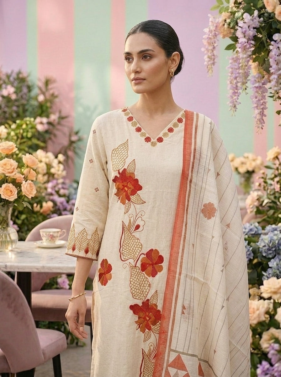 Neerus White cotton embroidered suit set - detail view 1