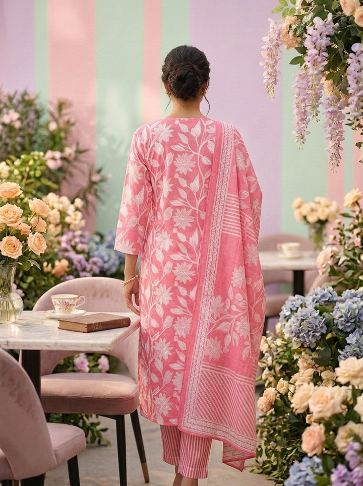 Neerus Pink cotton printed suit set - back view