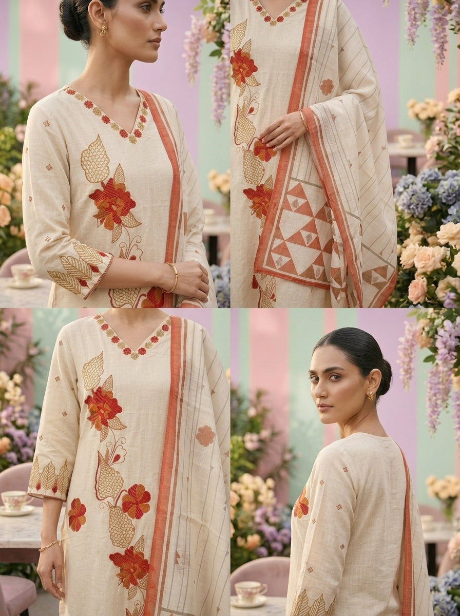 Neerus White cotton embroidered suit set - detail view 2