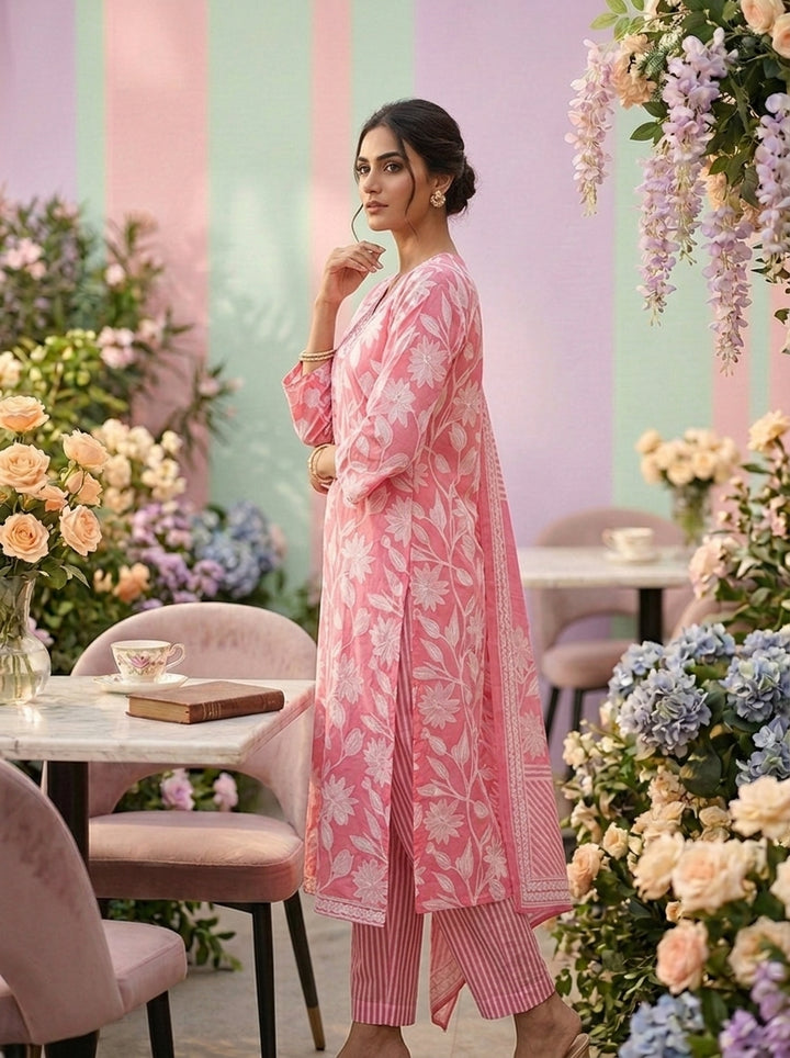 Neerus Pink cotton printed suit set - side view