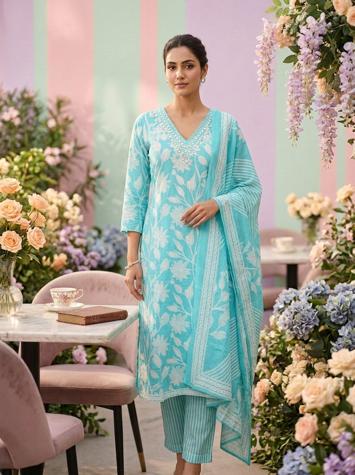 Neerus Blue cotton printed suit set - front view