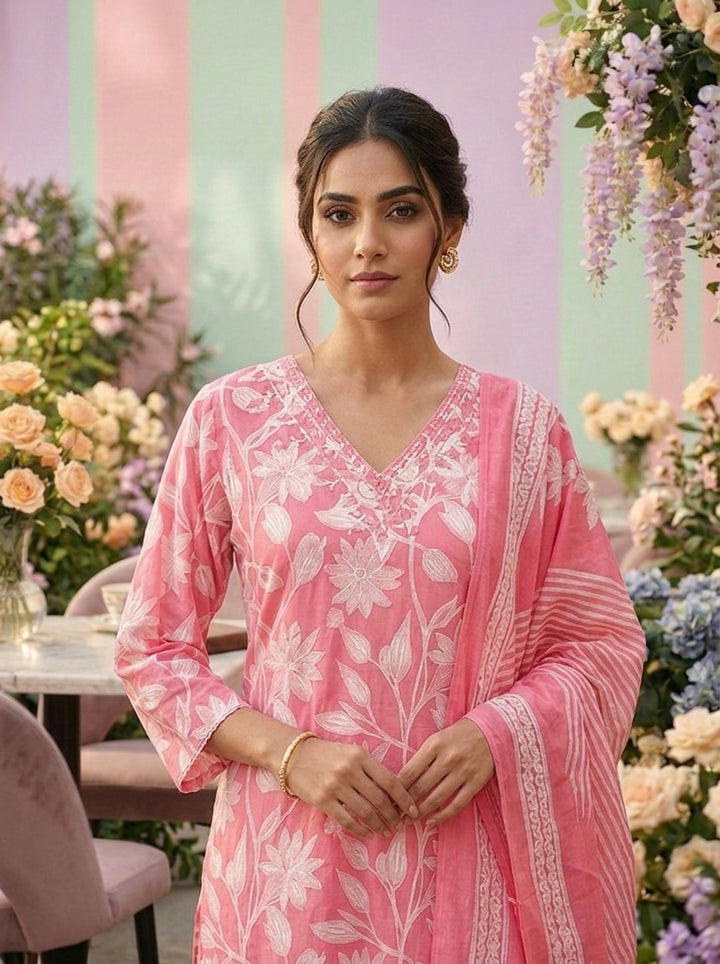 Neerus Pink cotton printed suit set - detail view 1