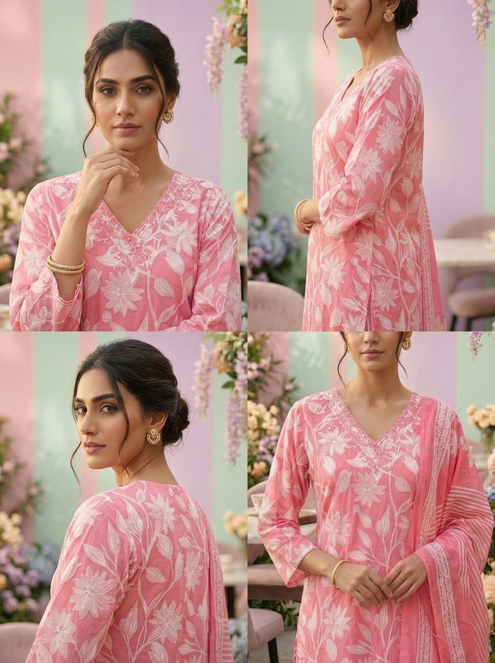 Neerus Pink cotton printed suit set - detail view 2