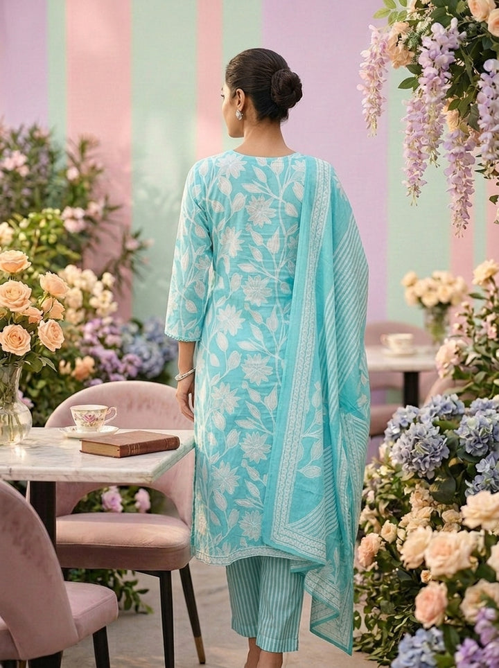 Neerus Blue cotton printed suit set - back view