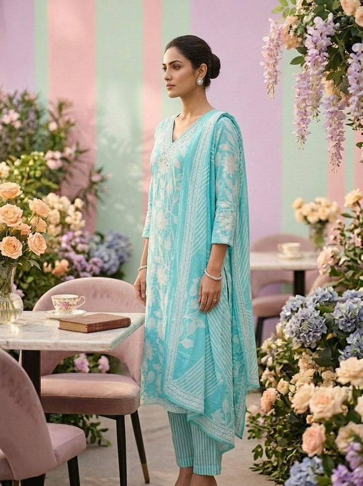Neerus Blue cotton printed suit set - side view