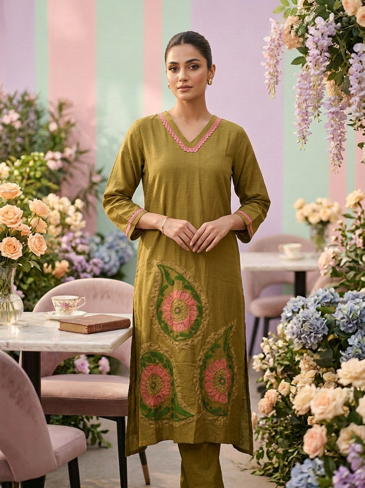 Mehadi Green Cotton Printed Two Piece Set