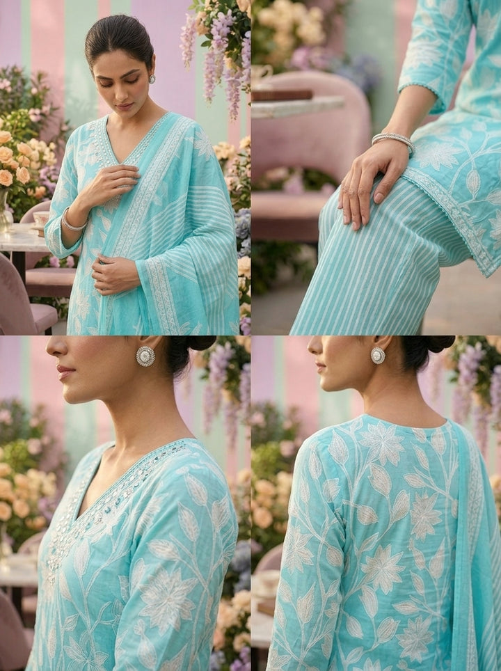Neerus Blue cotton printed suit set - detail view 2