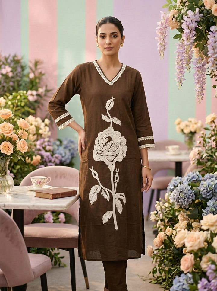Neerus Brown cotton embroidered co-ord set - front view