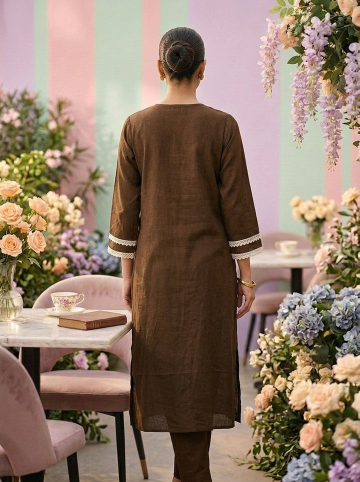 Neerus Brown cotton embroidered co-ord set - back view