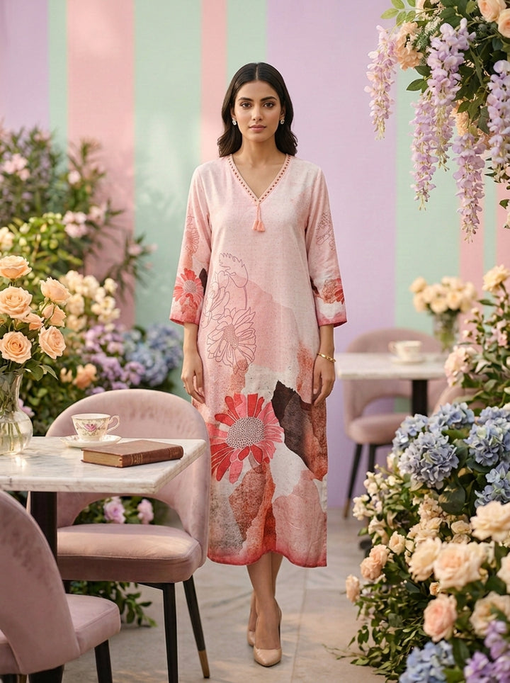 Neerus Orange linen printed kurti floral - front view