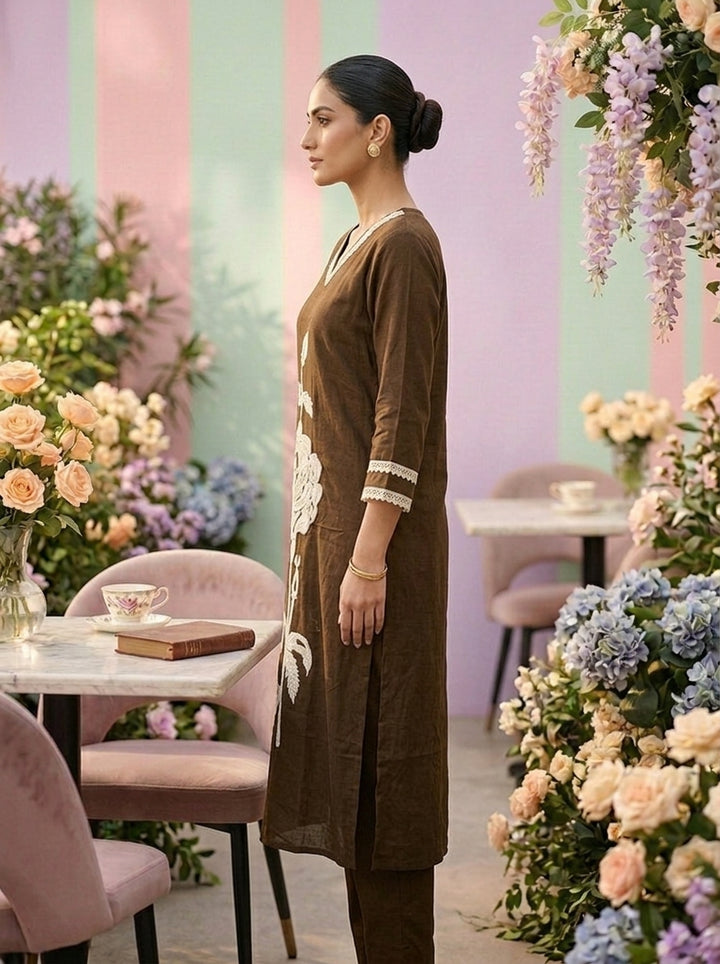 Neerus Brown cotton embroidered co-ord set - side view