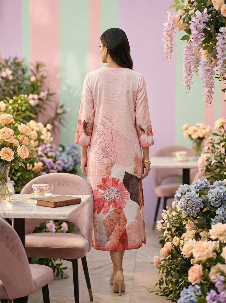 Neerus Orange linen printed kurti floral - back view