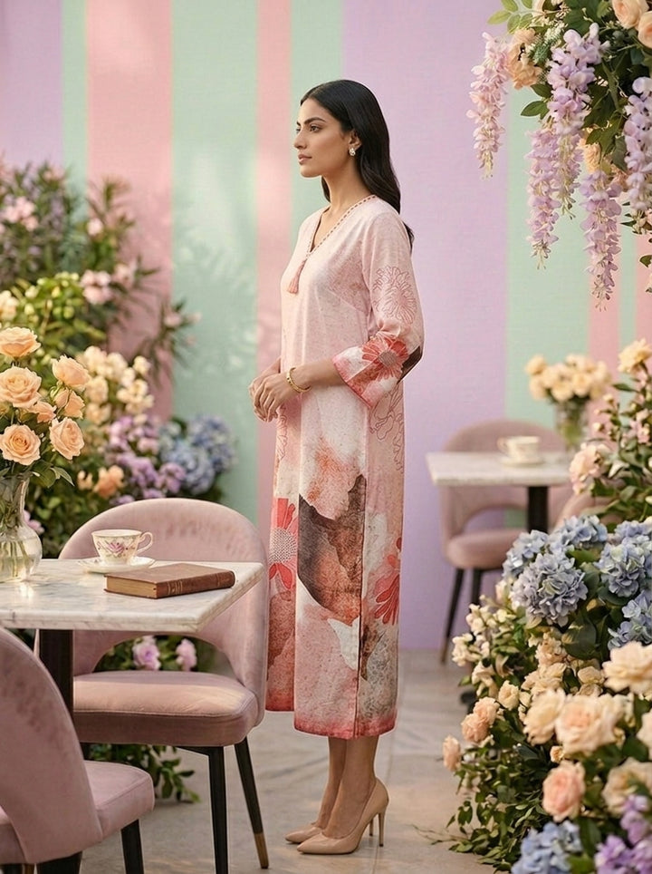 Neerus Orange linen printed kurti floral - side view
