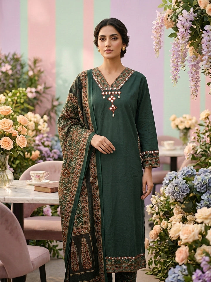 Neerus Green cotton printed suit set - front view
