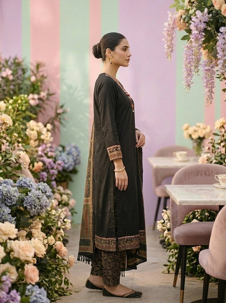 Neerus Black cotton printed suit set - side view